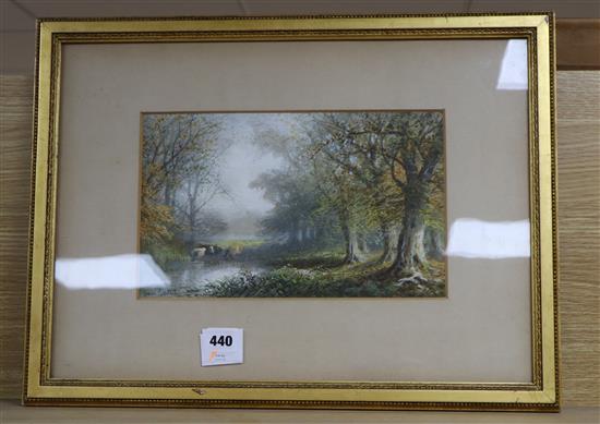 Warren Marke, watercolour, Cattle watering in woodland, signed, 19 x 30cm